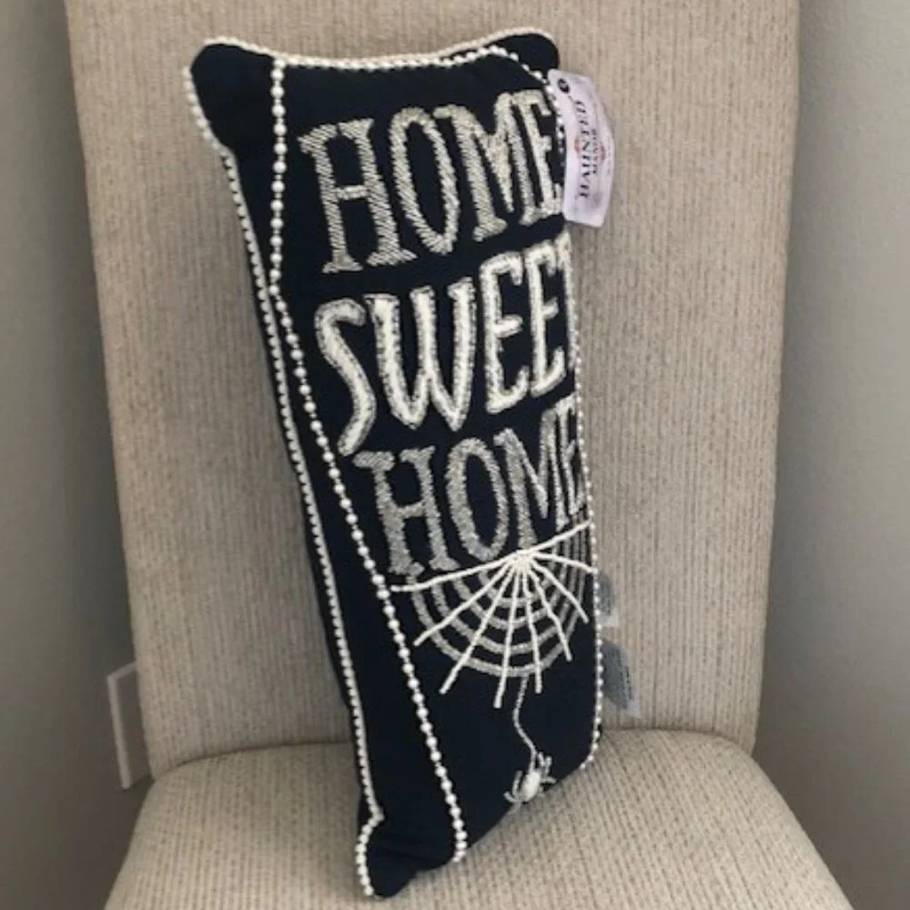 Haunted Manor Home Sweet Home Beaded Halloween Throw Pillow 19x8 Black Silver